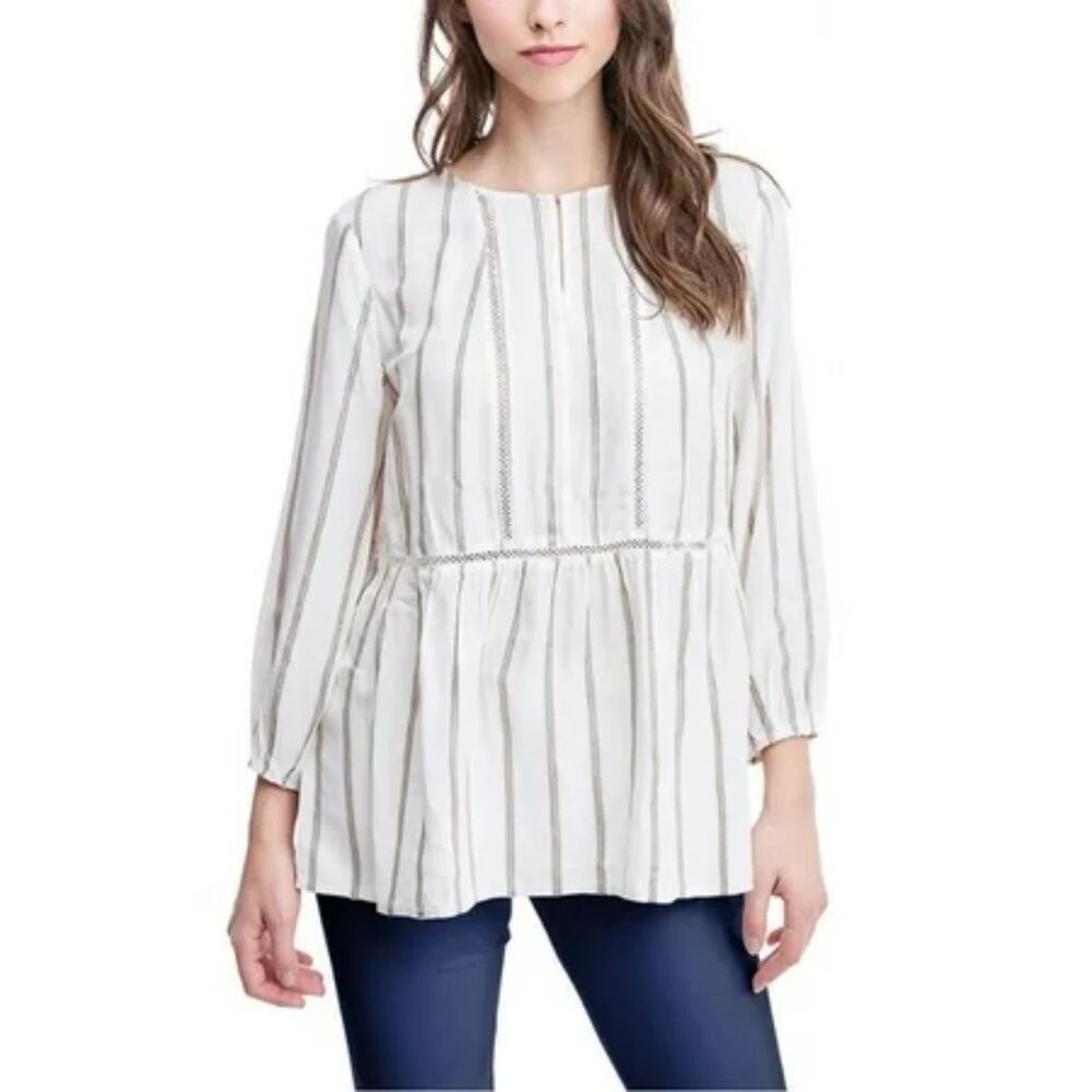 NWT Fever Womens Medium Striped 3/4 Sleeve Top Tan Ivory 100% Rayon Shirt Casual